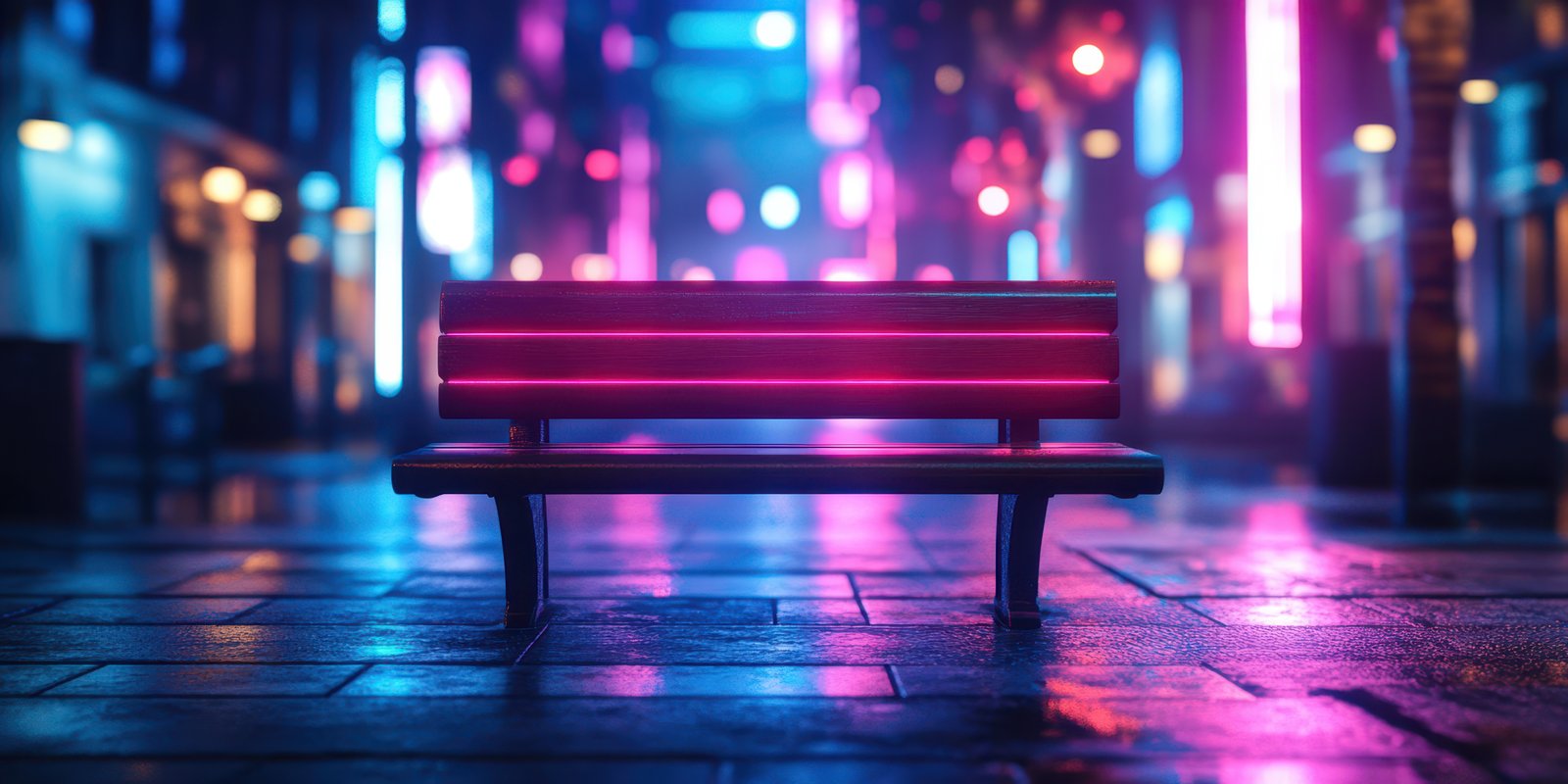 Vividly illuminated urban night scene with neon lights and a glowing bench in a wet alleyway